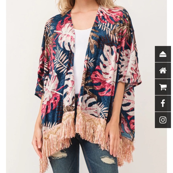see and be seen Other - Kimono, velvet colorful print, arm holes, fringe along hemline, mid length